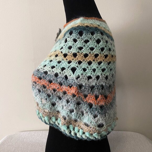 Handmade Crochet Blue Orange Multicolour Wool Angora Mohair Blend Short Capelet - Picture 4 of 6